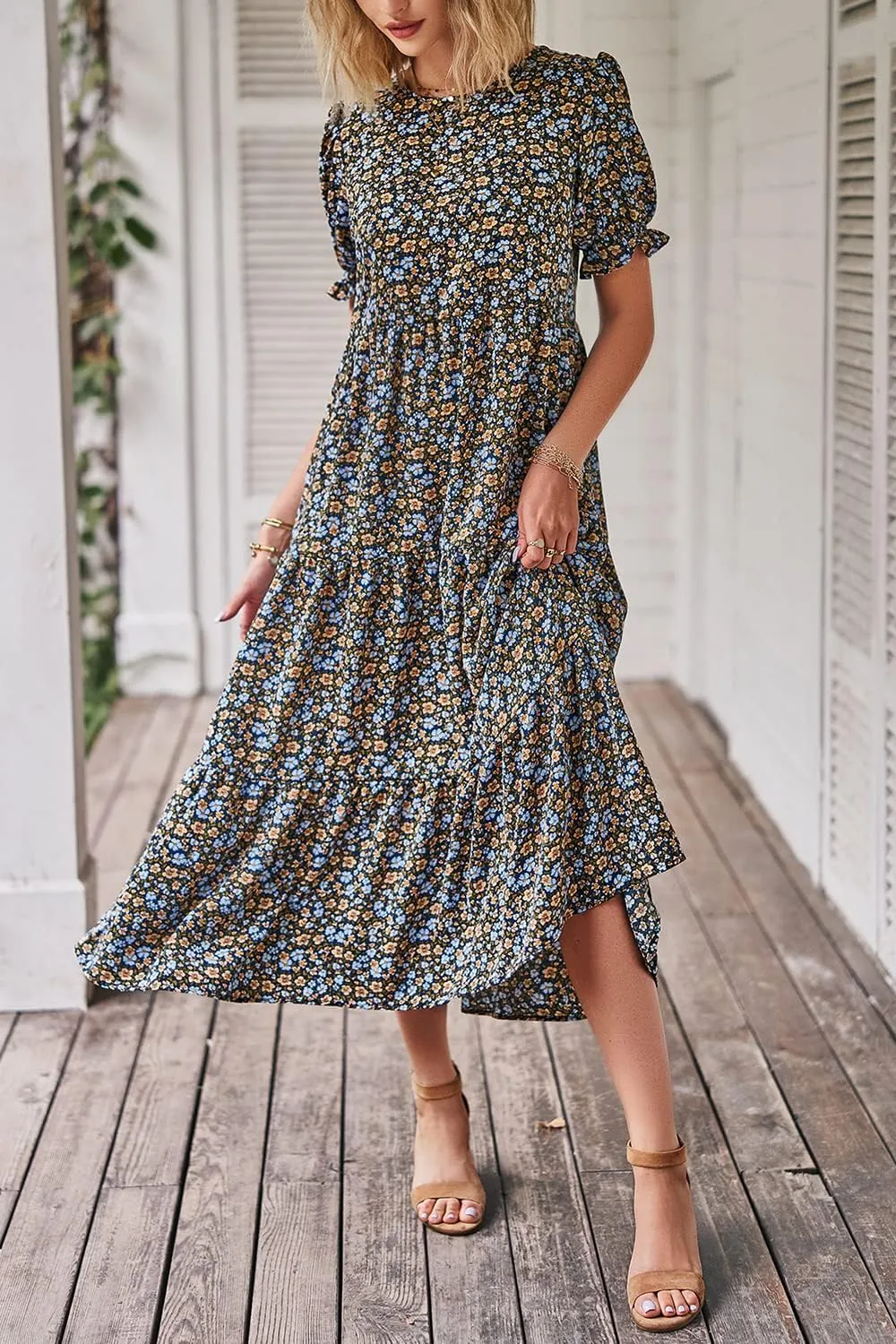 PRETTYGARDEN Women's Summer Casual Floral Boho Dress Puff Short Sleeve Ruffle Flowy Beach Party Midi Dresses