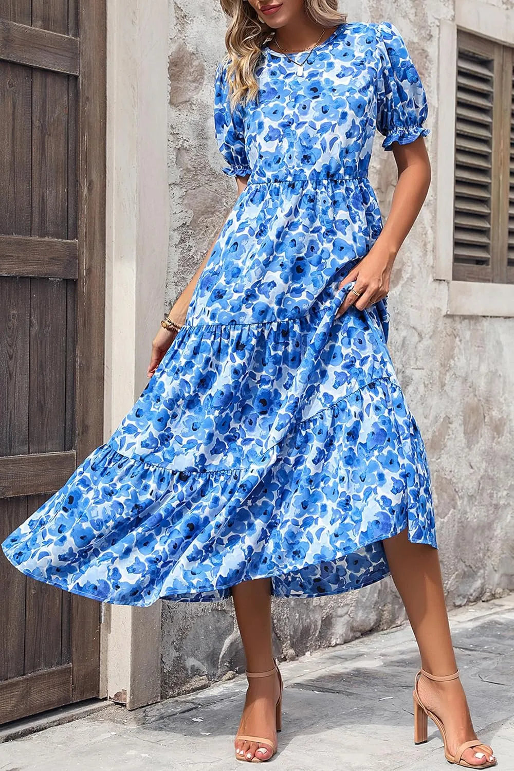 PRETTYGARDEN Women's Summer Casual Floral Boho Dress Puff Short Sleeve Ruffle Flowy Beach Party Midi Dresses