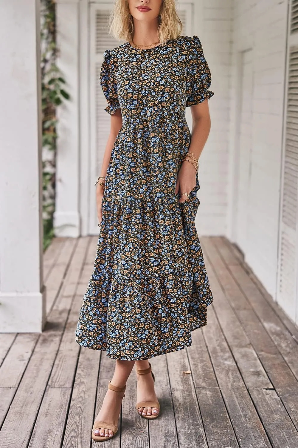 PRETTYGARDEN Women's Summer Casual Floral Boho Dress Puff Short Sleeve Ruffle Flowy Beach Party Midi Dresses