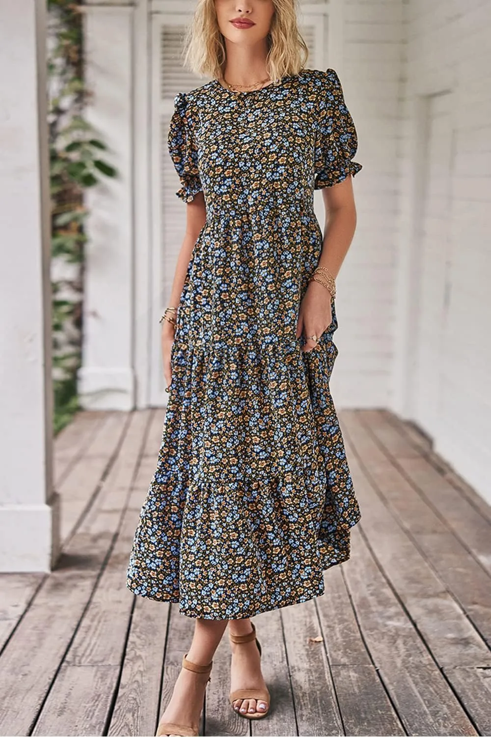 PRETTYGARDEN Women's Summer Casual Floral Boho Dress Puff Short Sleeve Ruffle Flowy Beach Party Midi Dresses