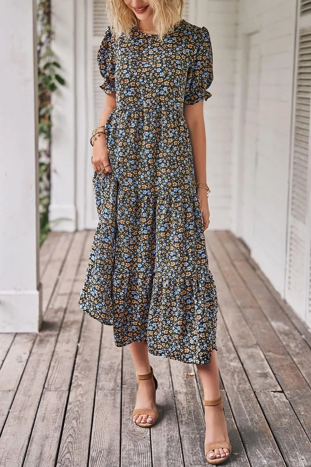 PRETTYGARDEN Women's Summer Casual Floral Boho Dress Puff Short Sleeve Ruffle Flowy Beach Party Midi Dresses