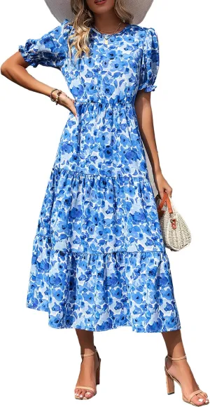 PRETTYGARDEN Women's Summer Casual Floral Boho Dress Puff Short Sleeve Ruffle Flowy Beach Party Midi Dresses