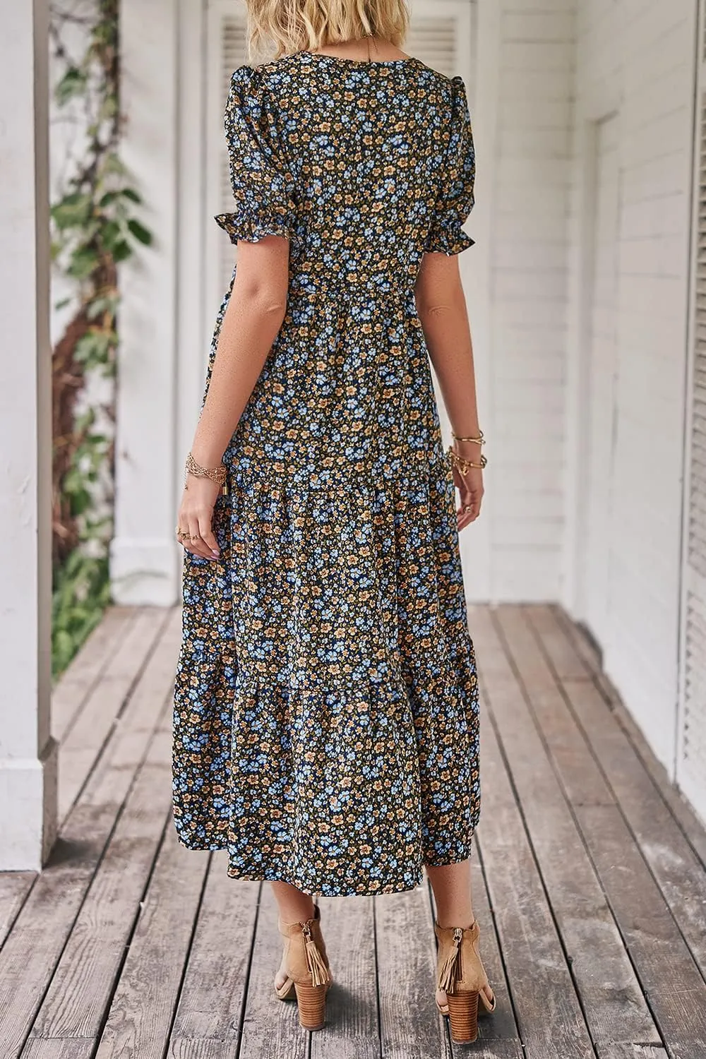 PRETTYGARDEN Women's Summer Casual Floral Boho Dress Puff Short Sleeve Ruffle Flowy Beach Party Midi Dresses