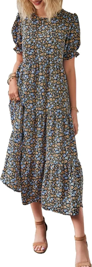 PRETTYGARDEN Women's Summer Casual Floral Boho Dress Puff Short Sleeve Ruffle Flowy Beach Party Midi Dresses