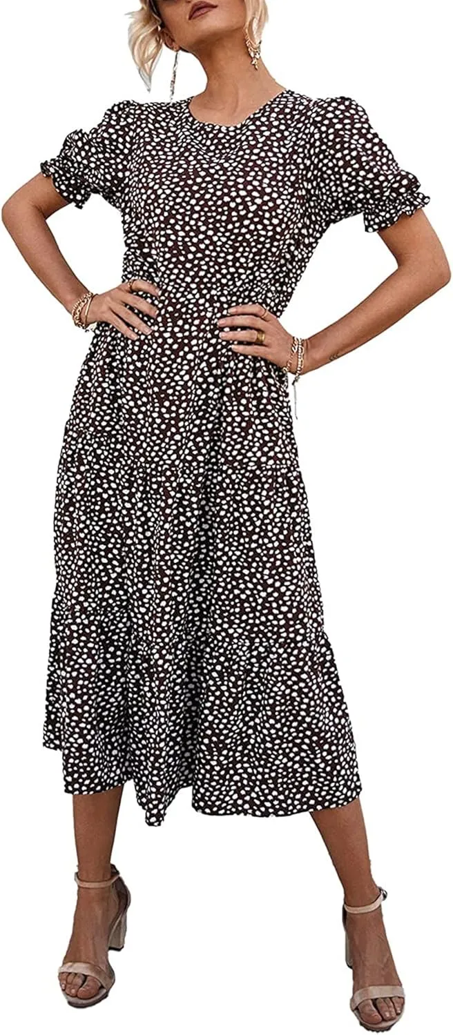 PRETTYGARDEN Women's Summer Casual Floral Boho Dress Puff Short Sleeve Ruffle Flowy Beach Party Midi Dresses