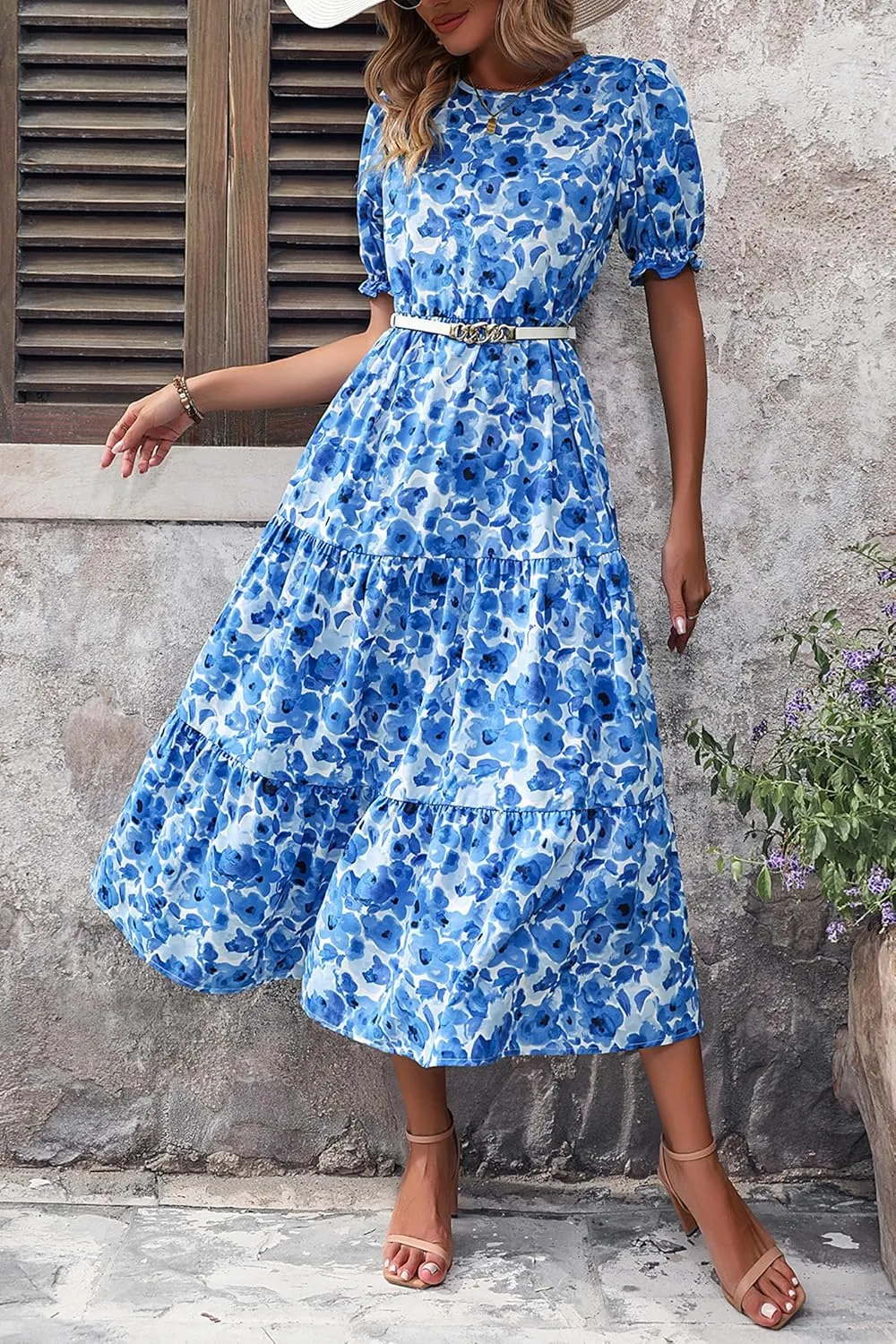 PRETTYGARDEN Women's Summer Casual Floral Boho Dress Puff Short Sleeve Ruffle Flowy Beach Party Midi Dresses