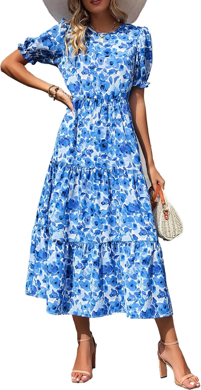 PRETTYGARDEN Women's Summer Casual Floral Boho Dress Puff Short Sleeve Ruffle Flowy Beach Party Midi Dresses