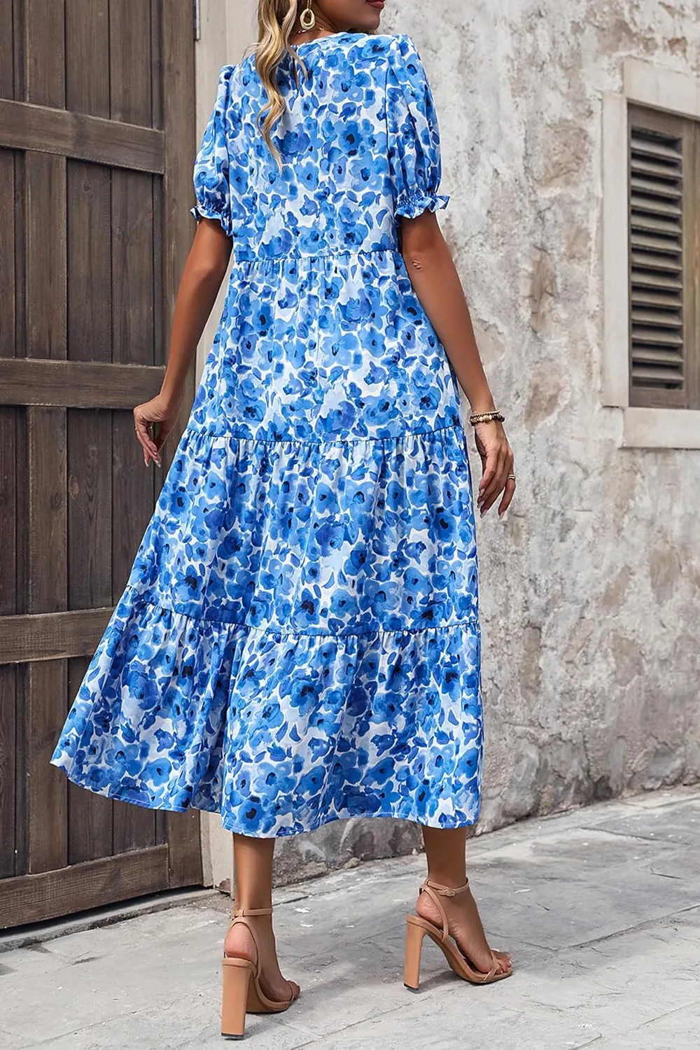 PRETTYGARDEN Women's Summer Casual Floral Boho Dress Puff Short Sleeve Ruffle Flowy Beach Party Midi Dresses