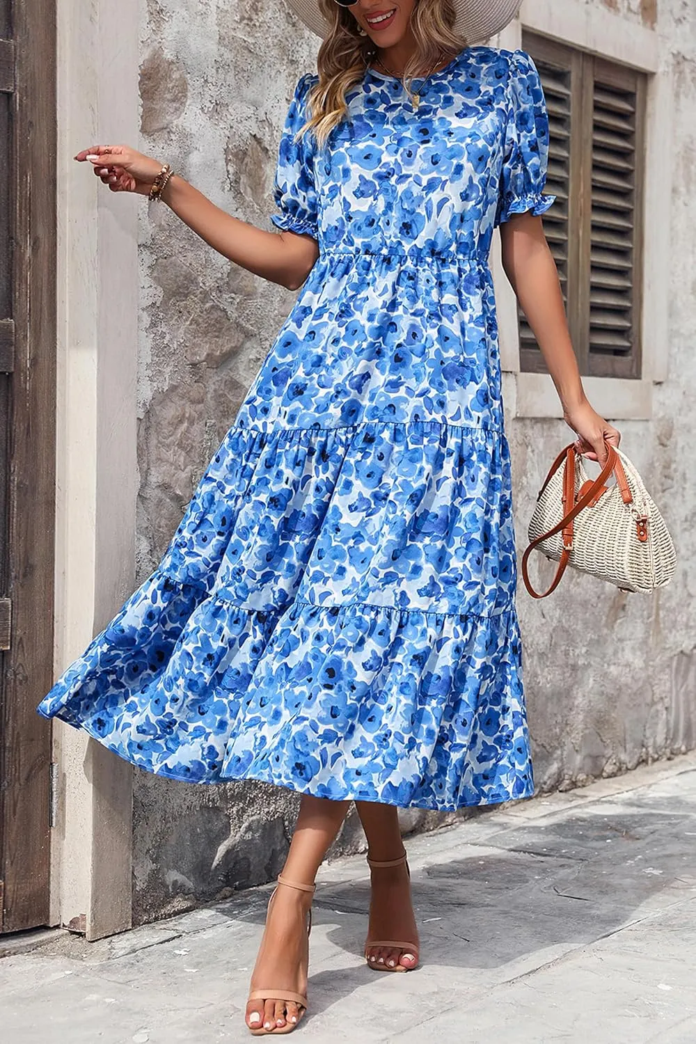 PRETTYGARDEN Women's Summer Casual Floral Boho Dress Puff Short Sleeve Ruffle Flowy Beach Party Midi Dresses