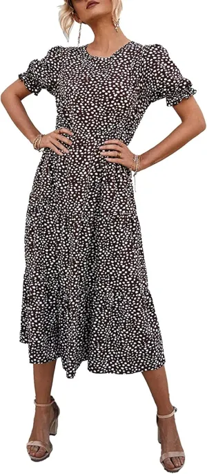 PRETTYGARDEN Women's Summer Casual Floral Boho Dress Puff Short Sleeve Ruffle Flowy Beach Party Midi Dresses