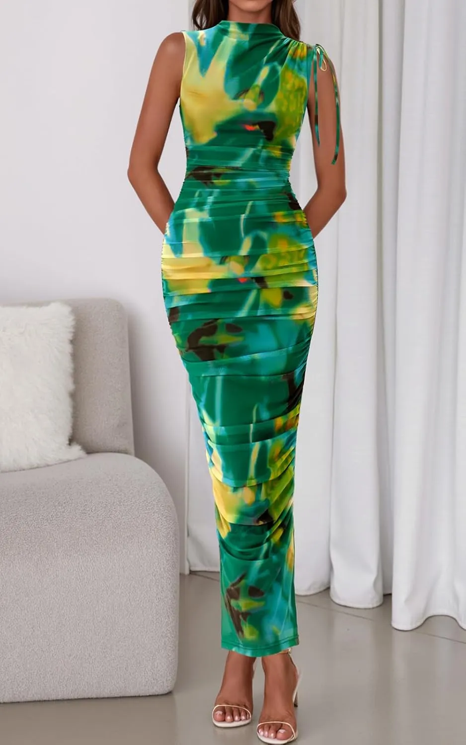 PRETTYGARDEN Women's Summer Maxi Floral Dresses Ruched Bodycon Sleeveless Mesh Formal Wedding Guest Cocktail Split Long Dress