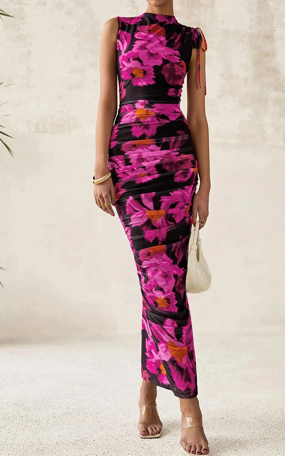 PRETTYGARDEN Women's Summer Maxi Floral Dresses Ruched Bodycon Sleeveless Mesh Formal Wedding Guest Cocktail Split Long Dress