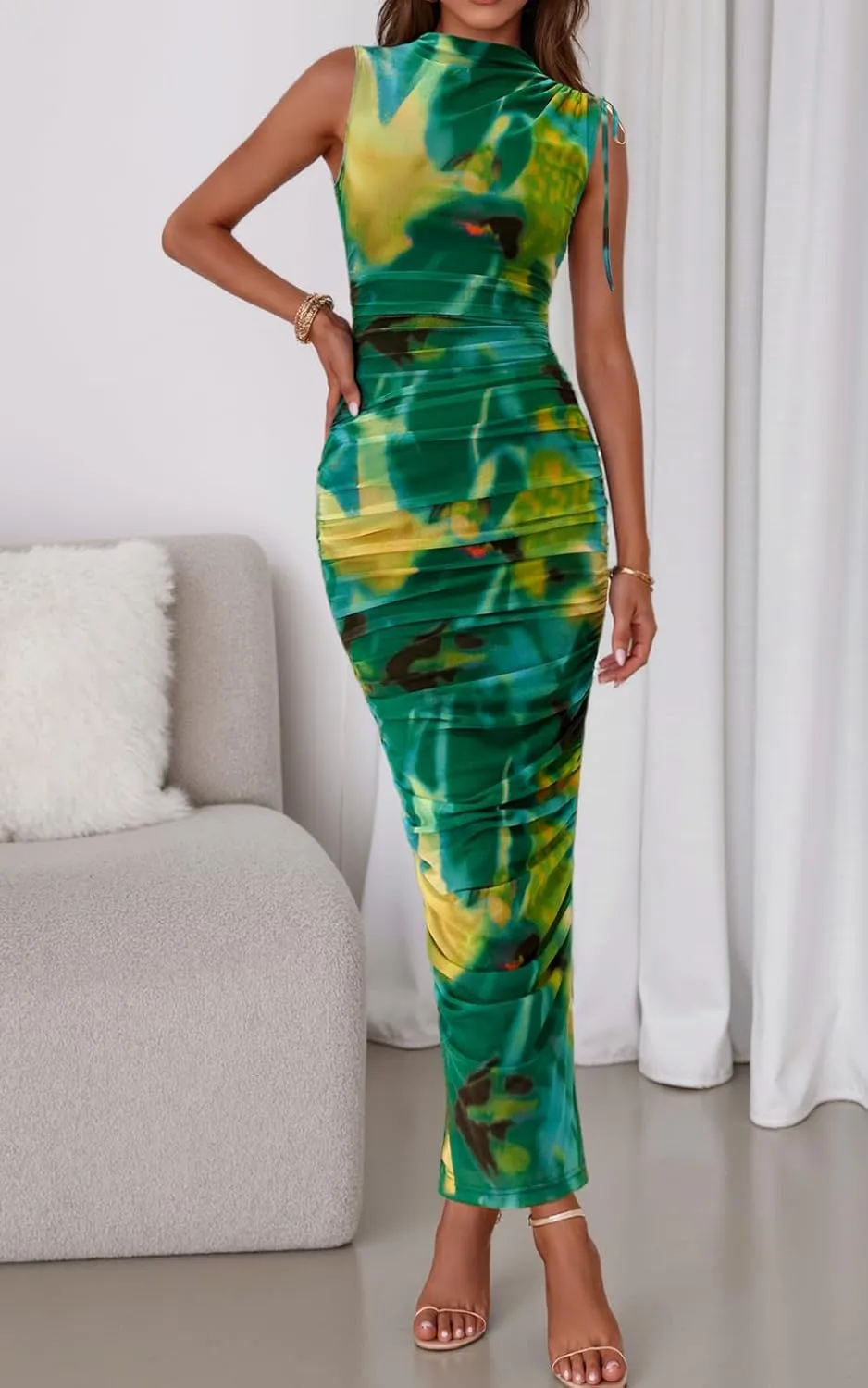 PRETTYGARDEN Women's Summer Maxi Floral Dresses Ruched Bodycon Sleeveless Mesh Formal Wedding Guest Cocktail Split Long Dress