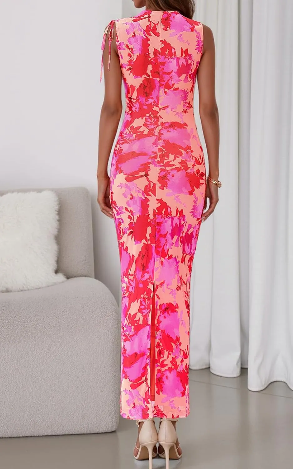 PRETTYGARDEN Women's Summer Maxi Floral Dresses Ruched Bodycon Sleeveless Mesh Formal Wedding Guest Cocktail Split Long Dress