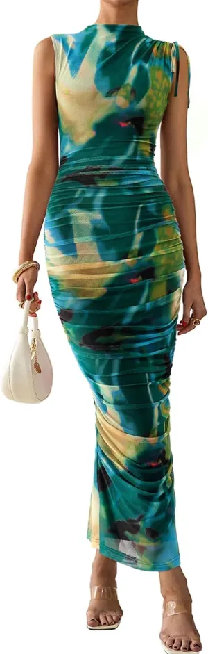 PRETTYGARDEN Women's Summer Maxi Floral Dresses Ruched Bodycon Sleeveless Mesh Formal Wedding Guest Cocktail Split Long Dress
