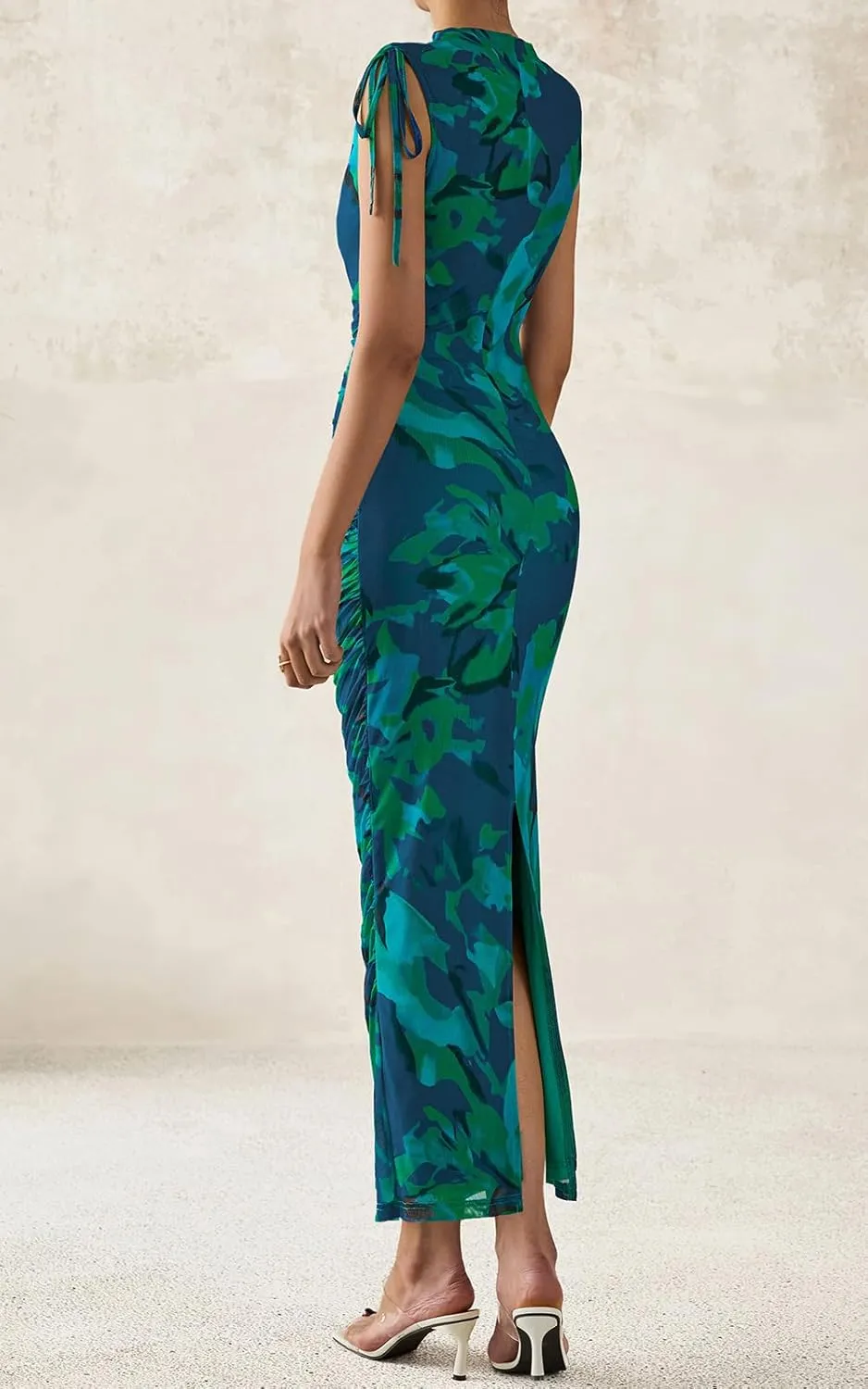 PRETTYGARDEN Women's Summer Maxi Floral Dresses Ruched Bodycon Sleeveless Mesh Formal Wedding Guest Cocktail Split Long Dress
