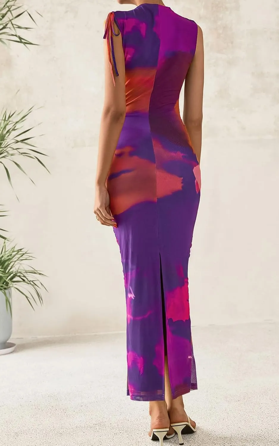 PRETTYGARDEN Women's Summer Maxi Floral Dresses Ruched Bodycon Sleeveless Mesh Formal Wedding Guest Cocktail Split Long Dress