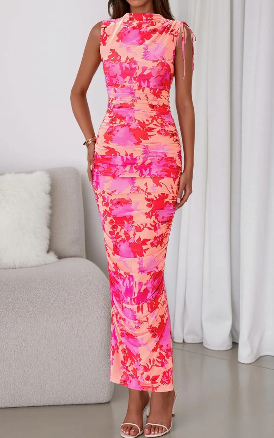PRETTYGARDEN Women's Summer Maxi Floral Dresses Ruched Bodycon Sleeveless Mesh Formal Wedding Guest Cocktail Split Long Dress