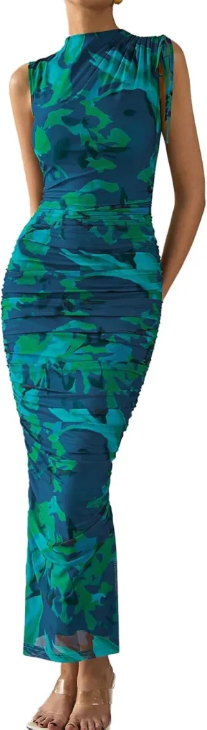 PRETTYGARDEN Women's Summer Maxi Floral Dresses Ruched Bodycon Sleeveless Mesh Formal Wedding Guest Cocktail Split Long Dress