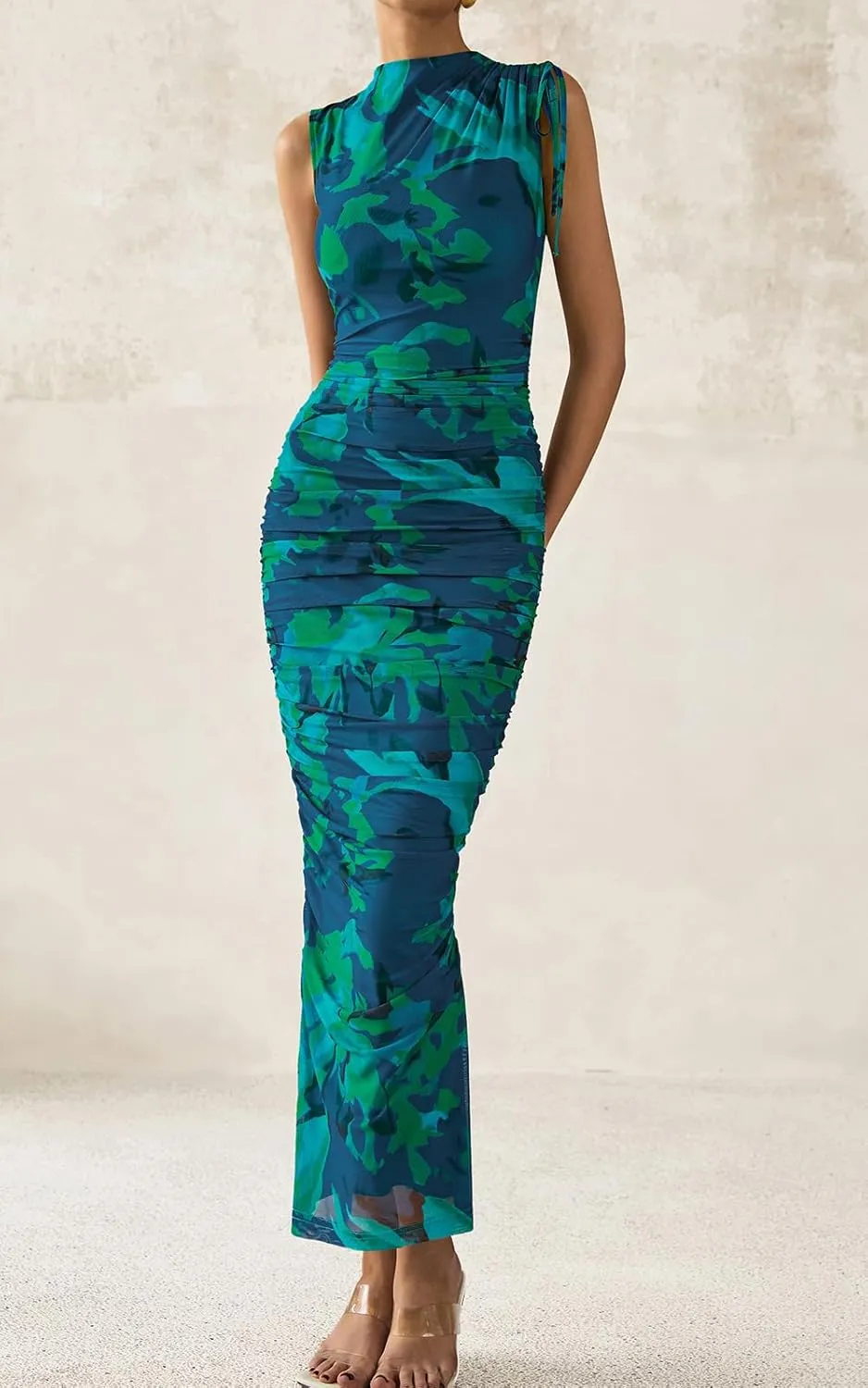 PRETTYGARDEN Women's Summer Maxi Floral Dresses Ruched Bodycon Sleeveless Mesh Formal Wedding Guest Cocktail Split Long Dress