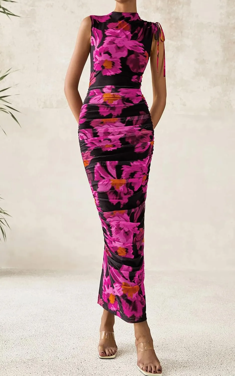 PRETTYGARDEN Women's Summer Maxi Floral Dresses Ruched Bodycon Sleeveless Mesh Formal Wedding Guest Cocktail Split Long Dress