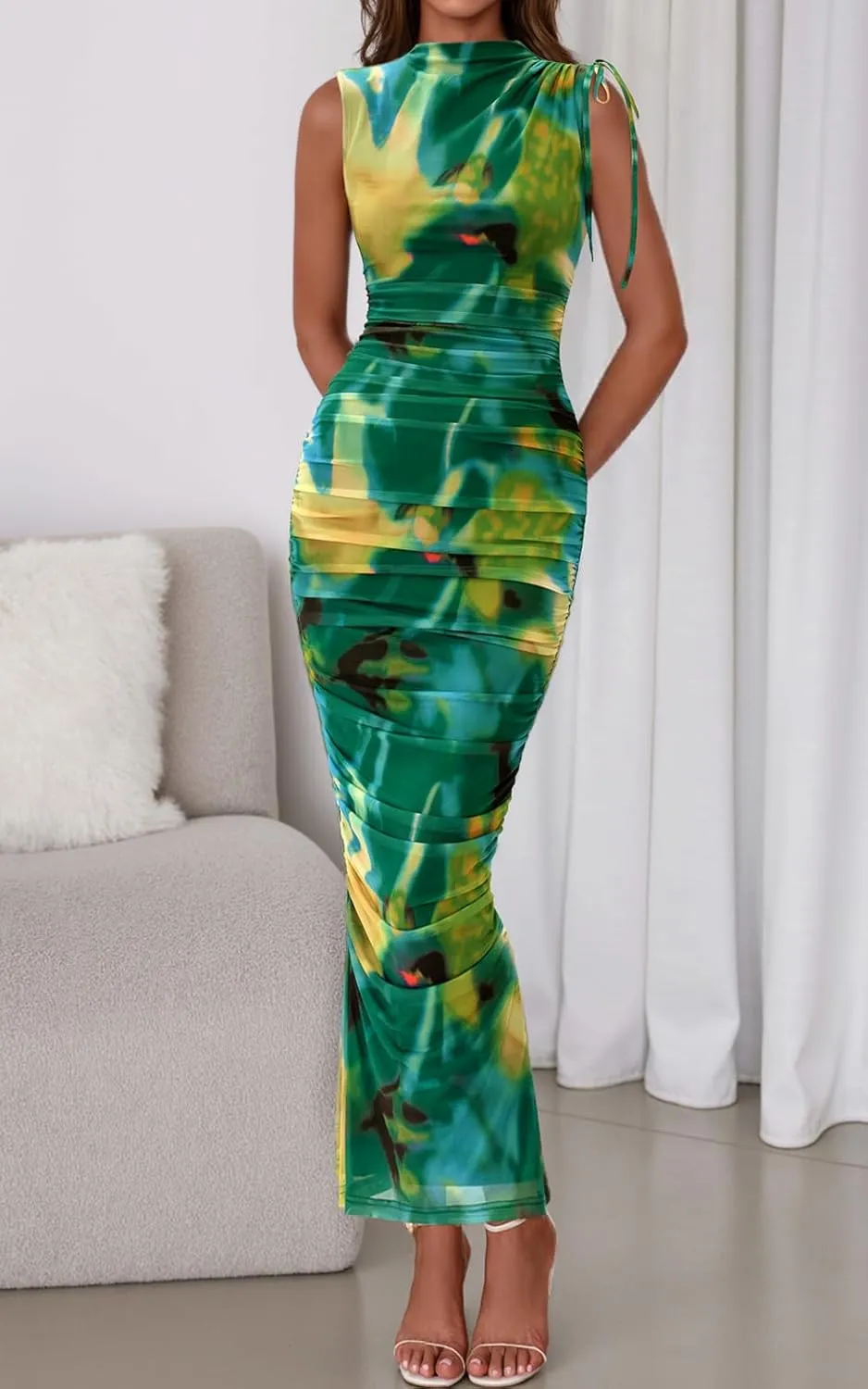 PRETTYGARDEN Women's Summer Maxi Floral Dresses Ruched Bodycon Sleeveless Mesh Formal Wedding Guest Cocktail Split Long Dress