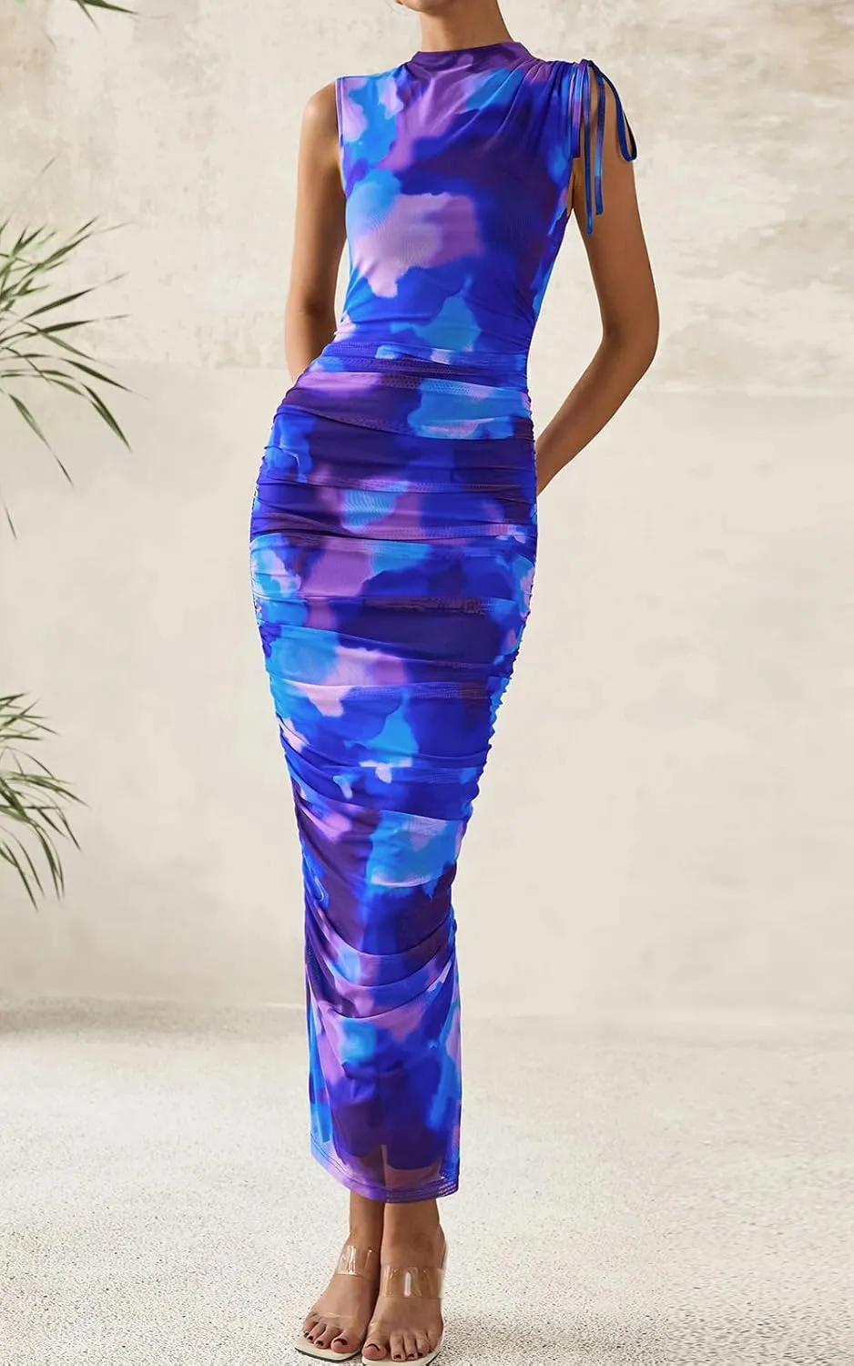PRETTYGARDEN Women's Summer Maxi Floral Dresses Ruched Bodycon Sleeveless Mesh Formal Wedding Guest Cocktail Split Long Dress