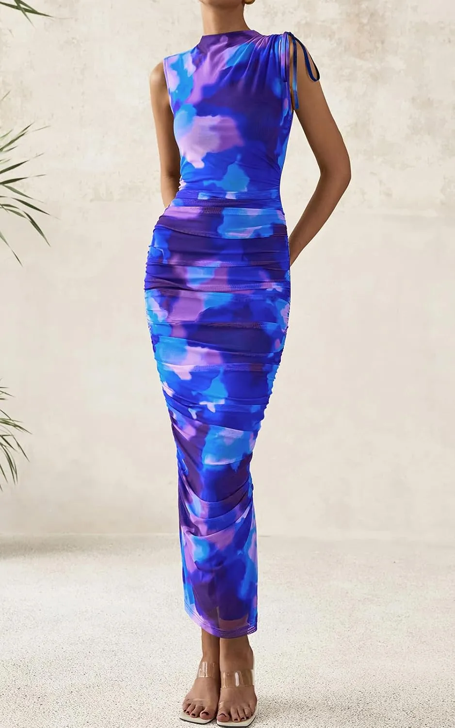 PRETTYGARDEN Women's Summer Maxi Floral Dresses Ruched Bodycon Sleeveless Mesh Formal Wedding Guest Cocktail Split Long Dress
