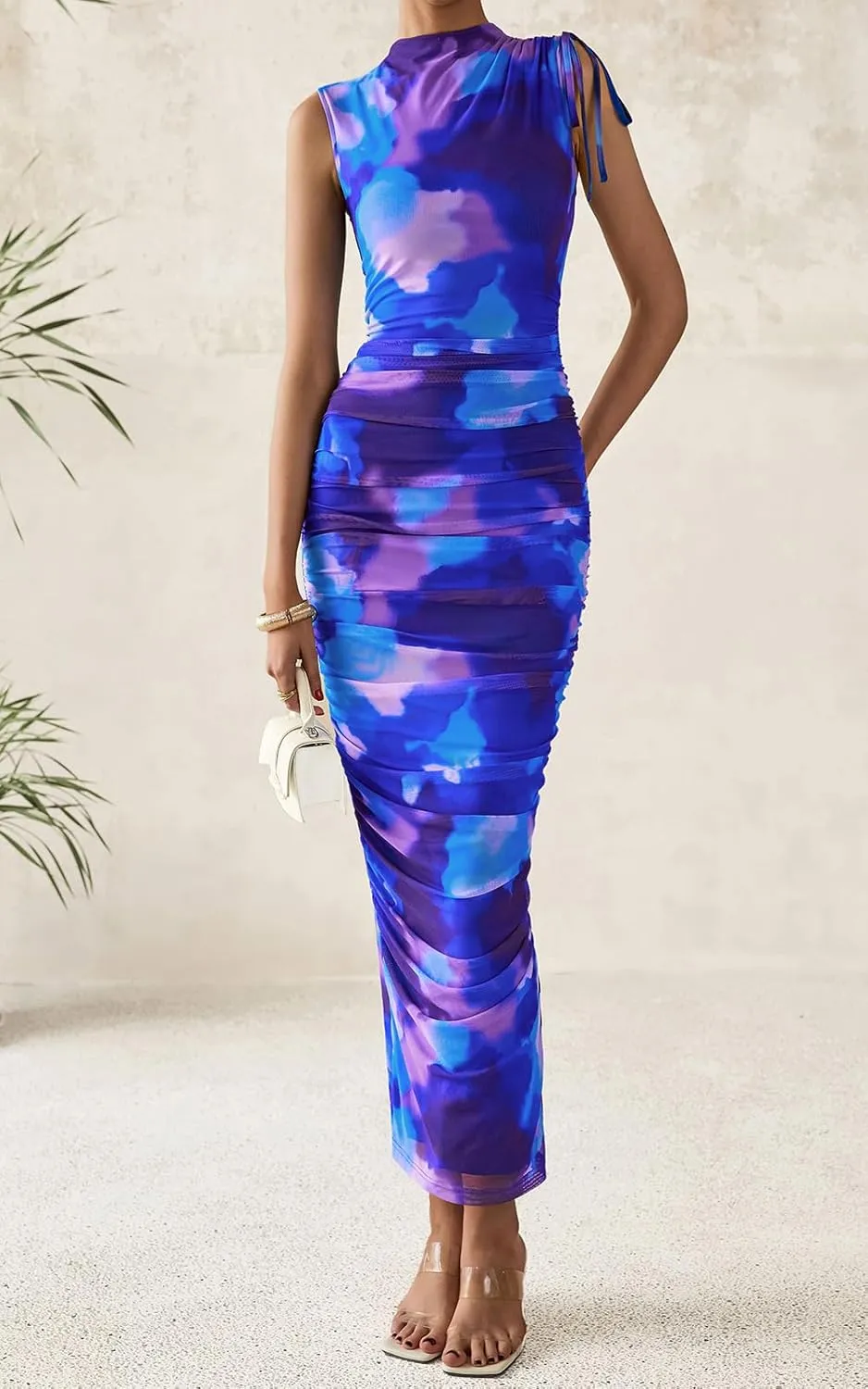 PRETTYGARDEN Women's Summer Maxi Floral Dresses Ruched Bodycon Sleeveless Mesh Formal Wedding Guest Cocktail Split Long Dress