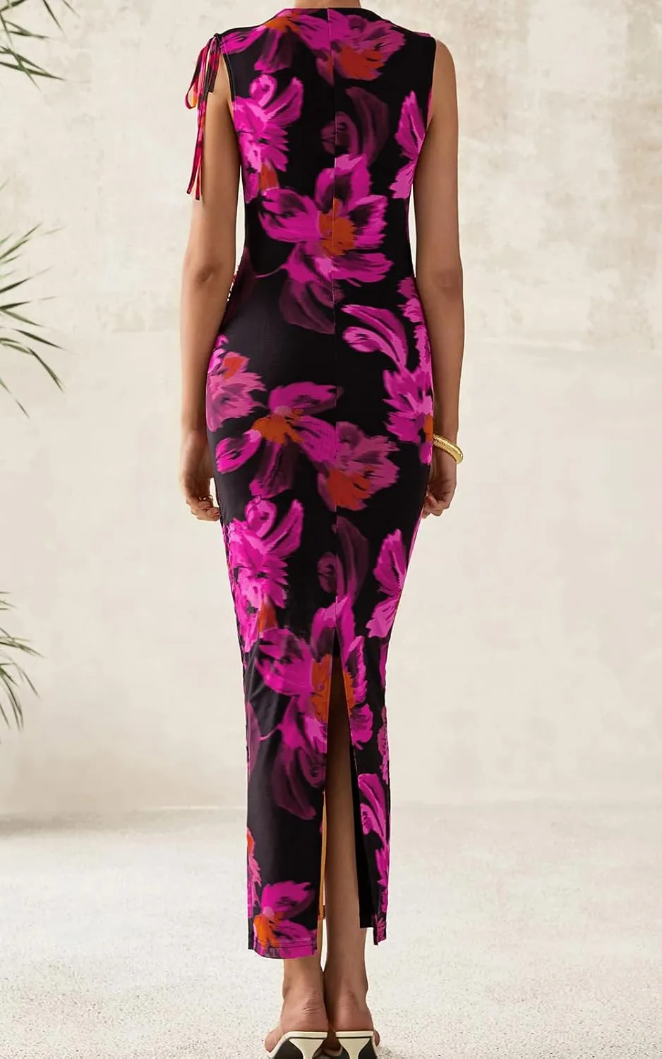PRETTYGARDEN Women's Summer Maxi Floral Dresses Ruched Bodycon Sleeveless Mesh Formal Wedding Guest Cocktail Split Long Dress