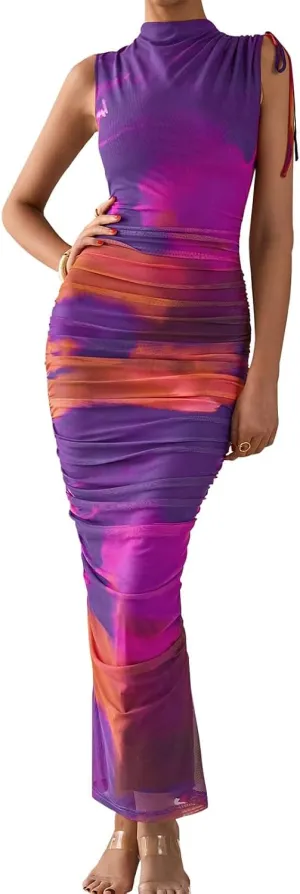PRETTYGARDEN Women's Summer Maxi Floral Dresses Ruched Bodycon Sleeveless Mesh Formal Wedding Guest Cocktail Split Long Dress