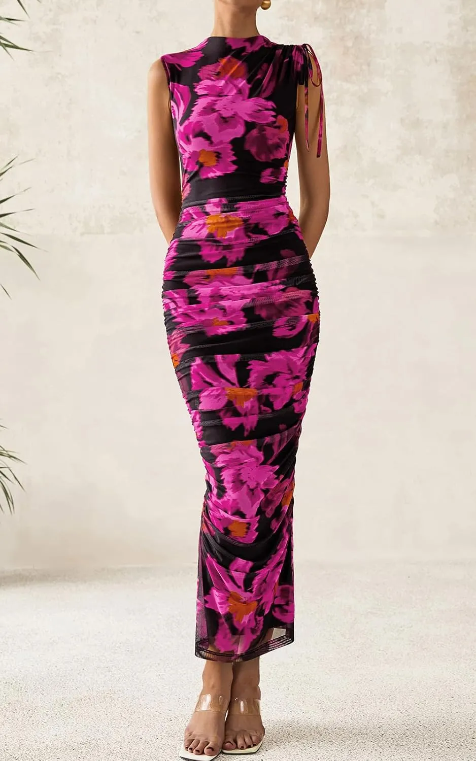 PRETTYGARDEN Women's Summer Maxi Floral Dresses Ruched Bodycon Sleeveless Mesh Formal Wedding Guest Cocktail Split Long Dress
