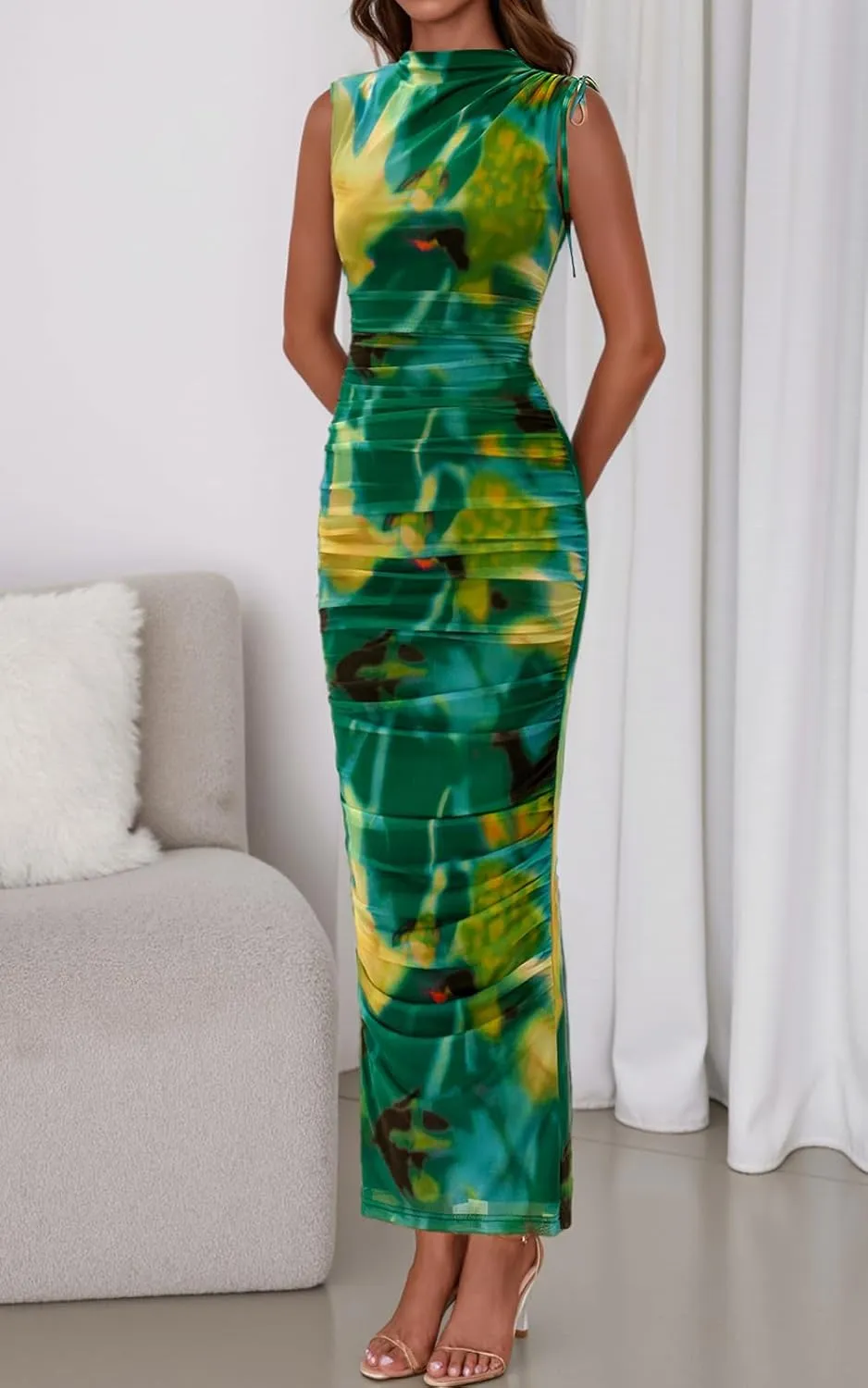 PRETTYGARDEN Women's Summer Maxi Floral Dresses Ruched Bodycon Sleeveless Mesh Formal Wedding Guest Cocktail Split Long Dress
