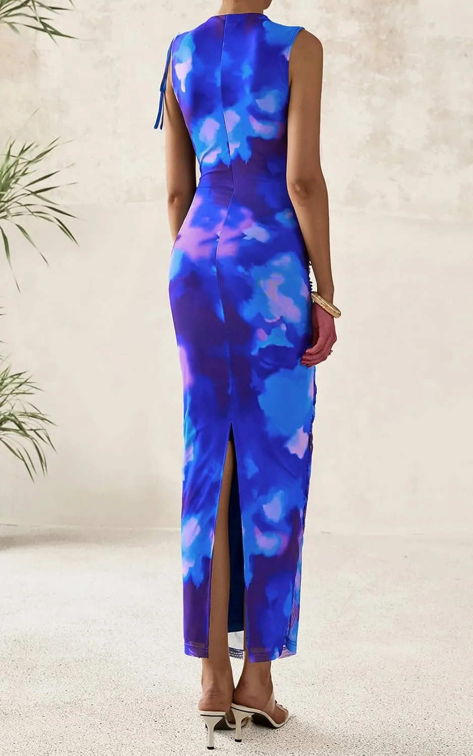PRETTYGARDEN Women's Summer Maxi Floral Dresses Ruched Bodycon Sleeveless Mesh Formal Wedding Guest Cocktail Split Long Dress