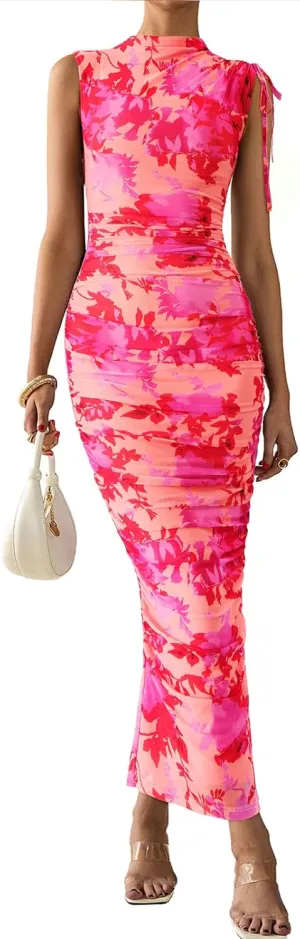 PRETTYGARDEN Women's Summer Maxi Floral Dresses Ruched Bodycon Sleeveless Mesh Formal Wedding Guest Cocktail Split Long Dress