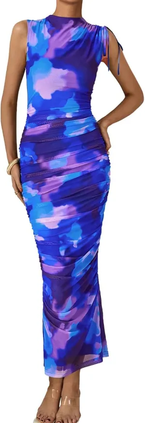 PRETTYGARDEN Women's Summer Maxi Floral Dresses Ruched Bodycon Sleeveless Mesh Formal Wedding Guest Cocktail Split Long Dress