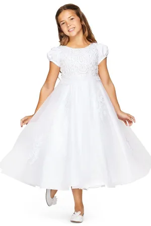 Puff Sleeve Floral Pearl Bead Lace Tulle Flower Girl Dress by Cinderella Couture USA AS2012