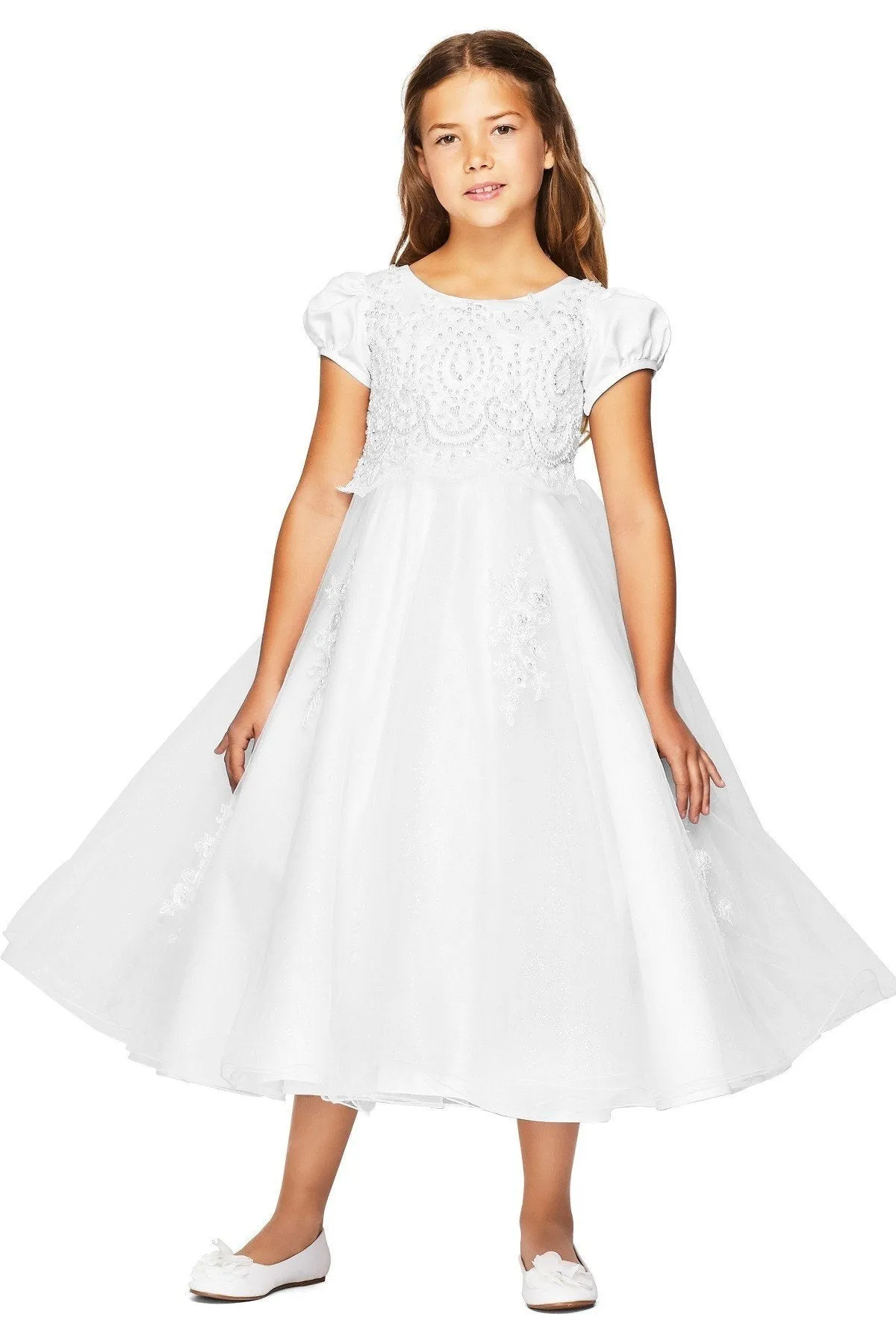 Puff Sleeve Floral Pearl Bead Lace Tulle Flower Girl Dress by Cinderella Couture USA AS2012
