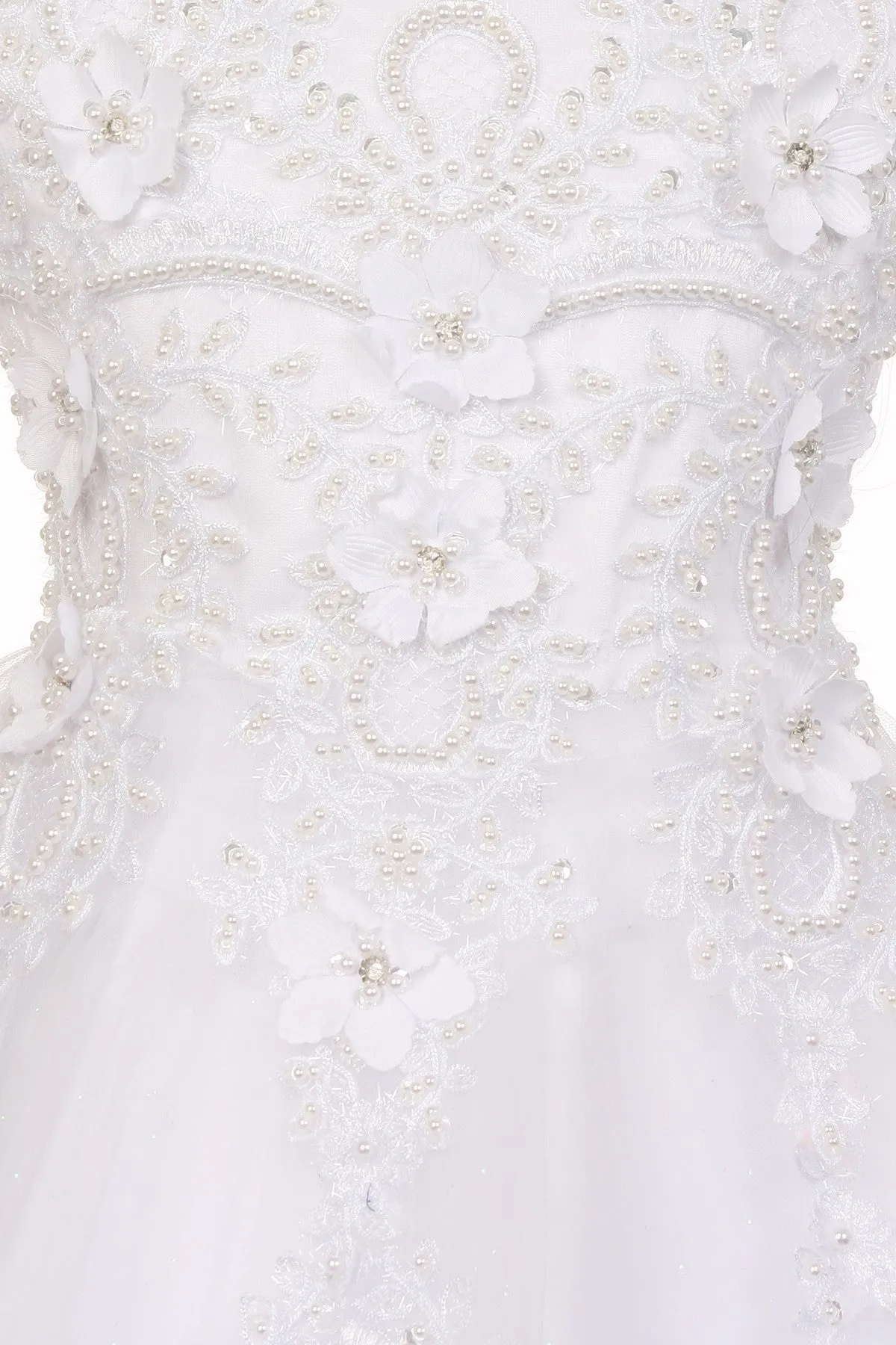 Puff Sleeve Floral Pearl Bead Lace Tulle Flower Girl Dress by Cinderella Couture USA AS2012