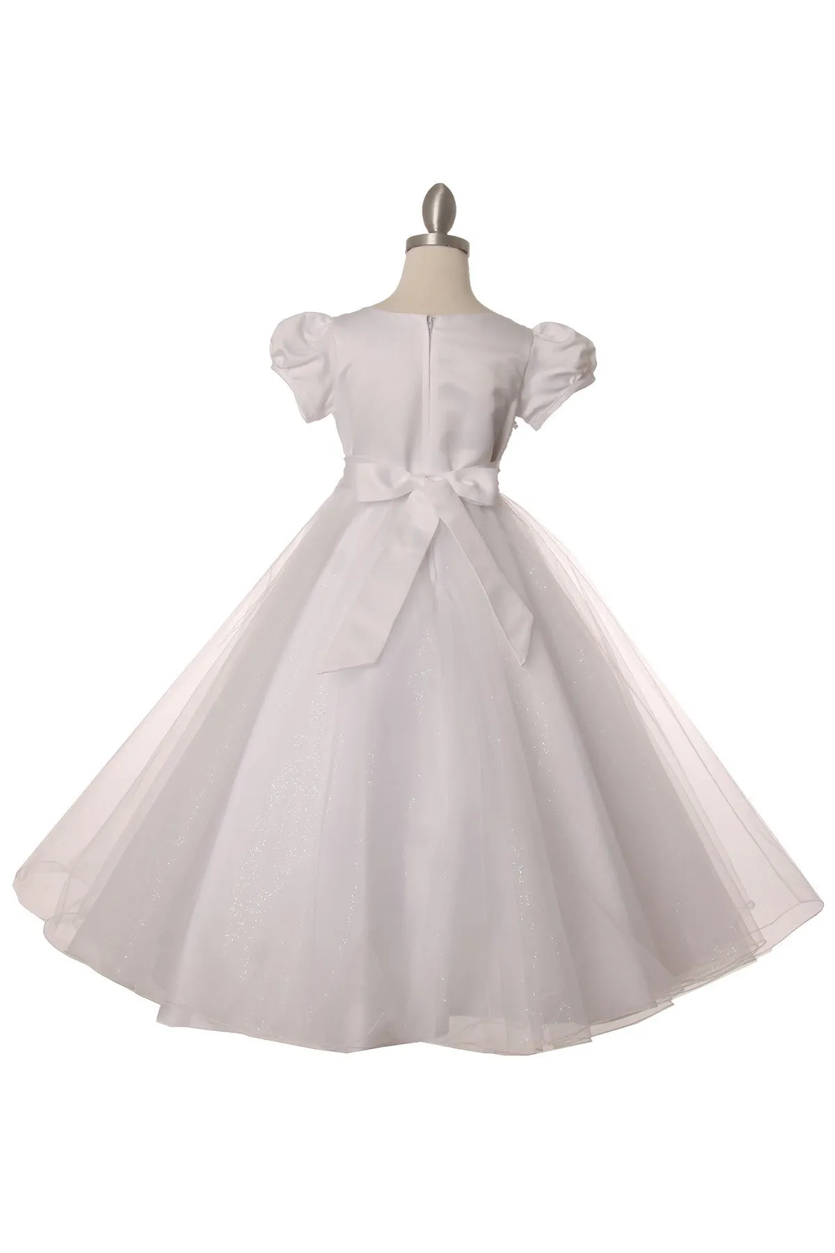 Puff Sleeve Floral Pearl Bead Lace Tulle Flower Girl Dress by Cinderella Couture USA AS2012