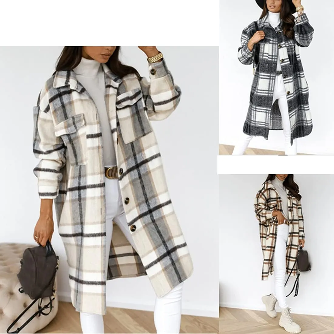 PUWEI Women's Long Flannel Plaid Jacket Shacket Cozy Lapel Button Down Shirt Jacket Fuzzy Trench Coat