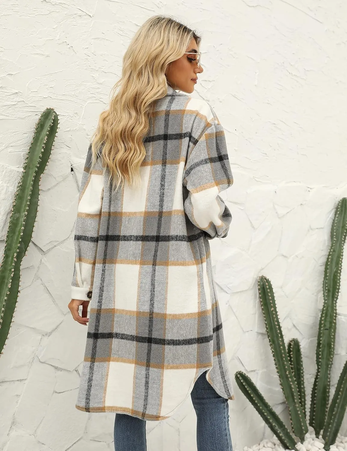 PUWEI Women's Long Flannel Plaid Jacket Shacket Cozy Lapel Button Down Shirt Jacket Fuzzy Trench Coat