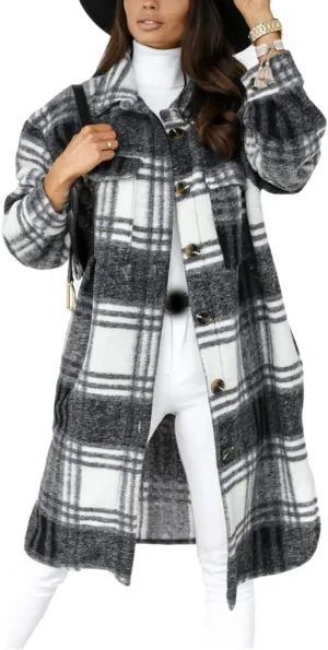 PUWEI Women's Long Flannel Plaid Jacket Shacket Cozy Lapel Button Down Shirt Jacket Fuzzy Trench Coat
