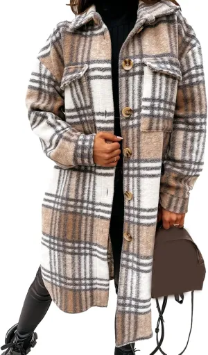 PUWEI Women's Long Flannel Plaid Jacket Shacket Cozy Lapel Button Down Shirt Jacket Fuzzy Trench Coat