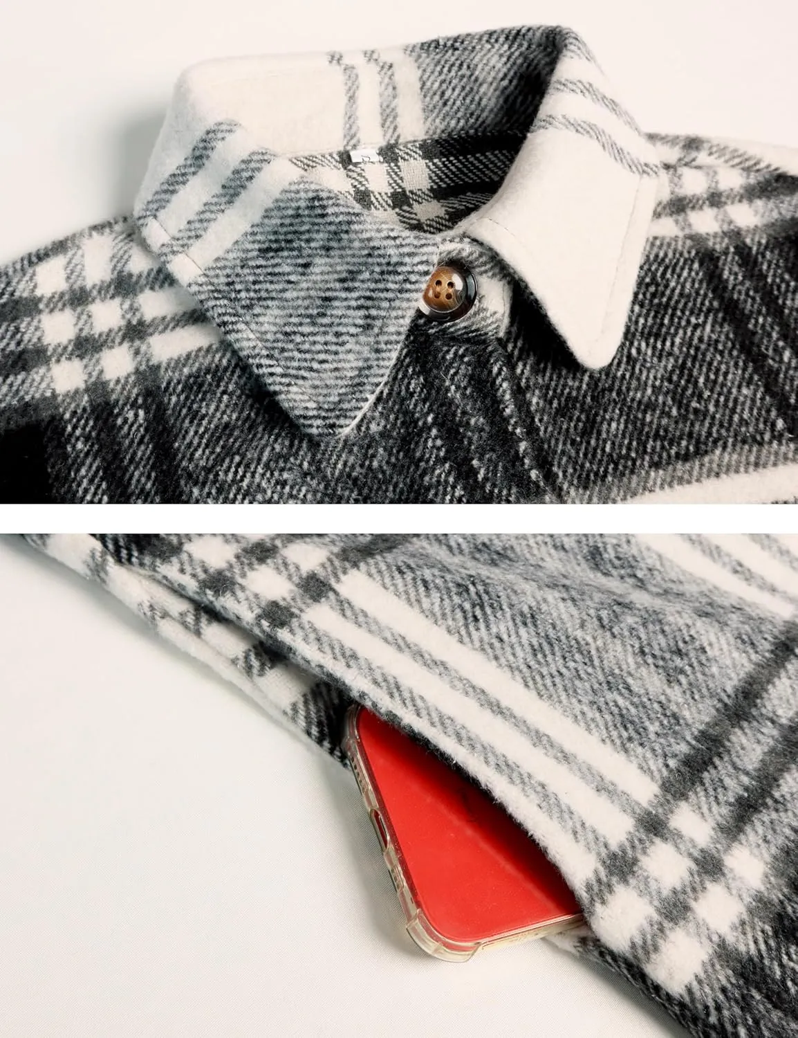 PUWEI Women's Long Flannel Plaid Jacket Shacket Cozy Lapel Button Down Shirt Jacket Fuzzy Trench Coat