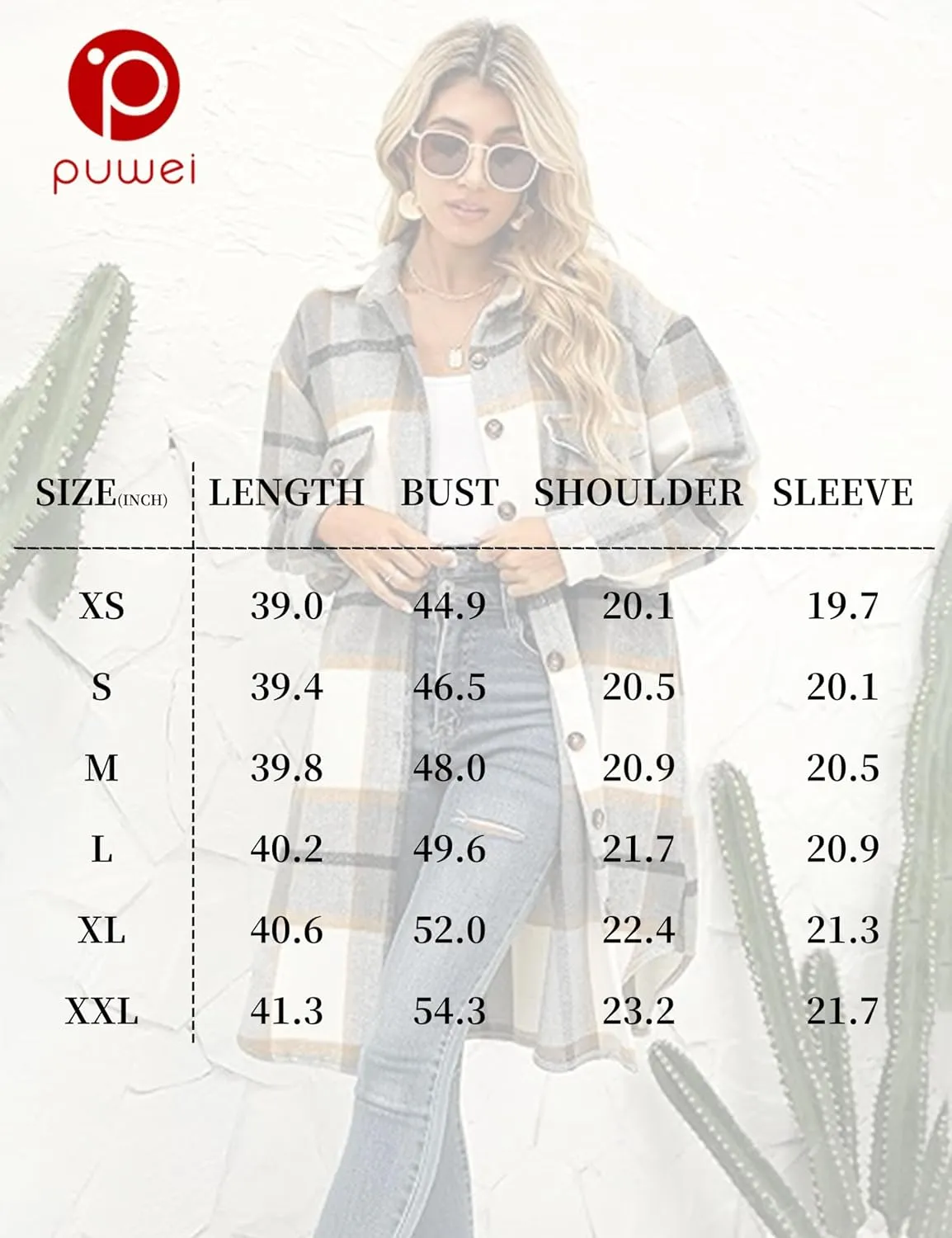 PUWEI Women's Long Flannel Plaid Jacket Shacket Cozy Lapel Button Down Shirt Jacket Fuzzy Trench Coat