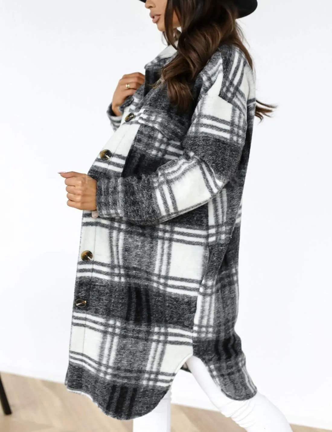 PUWEI Women's Long Flannel Plaid Jacket Shacket Cozy Lapel Button Down Shirt Jacket Fuzzy Trench Coat