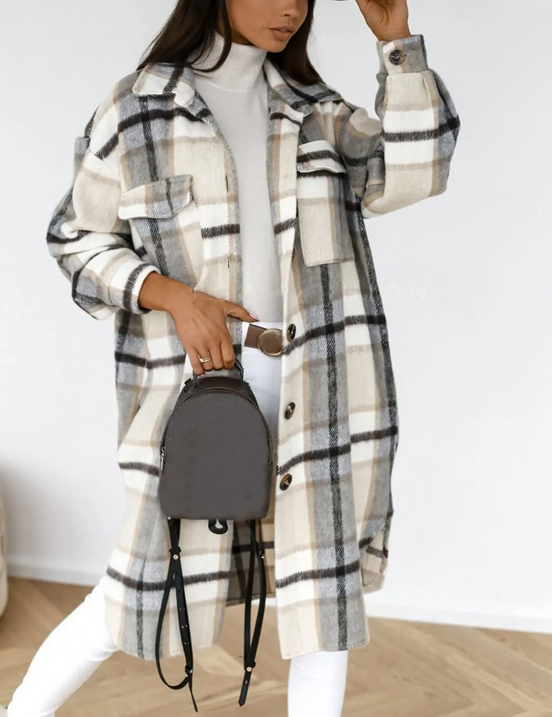 PUWEI Women's Long Flannel Plaid Jacket Shacket Cozy Lapel Button Down Shirt Jacket Fuzzy Trench Coat