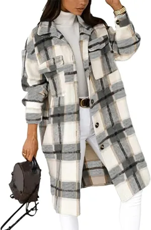 PUWEI Women's Long Flannel Plaid Jacket Shacket Cozy Lapel Button Down Shirt Jacket Fuzzy Trench Coat
