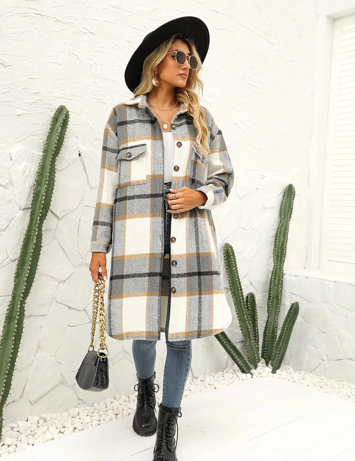 PUWEI Women's Long Flannel Plaid Jacket Shacket Cozy Lapel Button Down Shirt Jacket Fuzzy Trench Coat